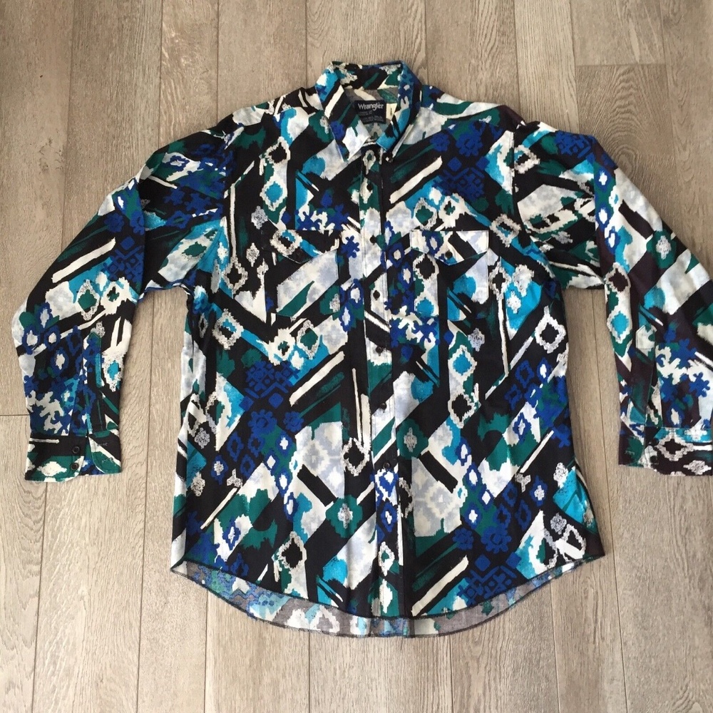 VTG Wrangler Men Western Shirt Long Sleeve Cowboy Cut Button XL Tails 17-1/2 -36
